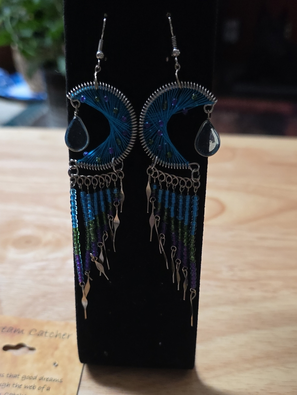 Blue Teardrop Dreamcatcher Dangle Earrings with Multicolor Beads